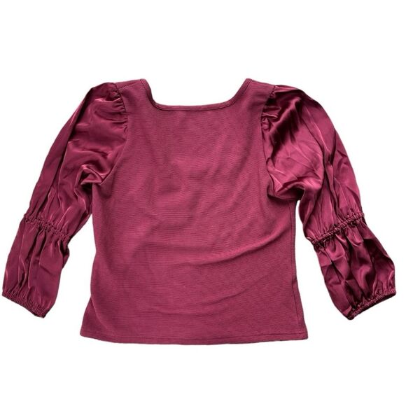 MAEVE for Anthropologie Burgundy Red Ribbed Top Satin Puff Sleeves Size Large - Picture 2 of 4
